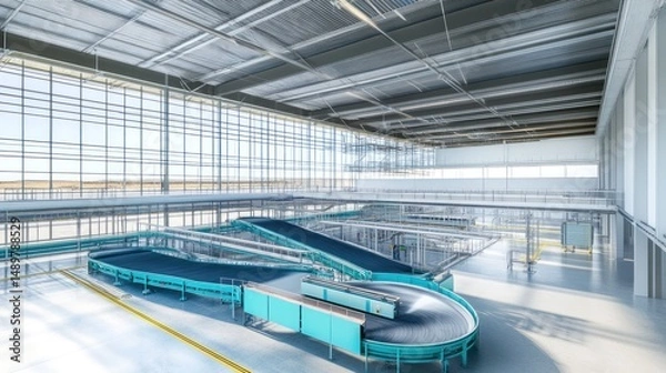 Obraz Airport baggage handling system, conveyor belts, sunlight, modern facility, logistics