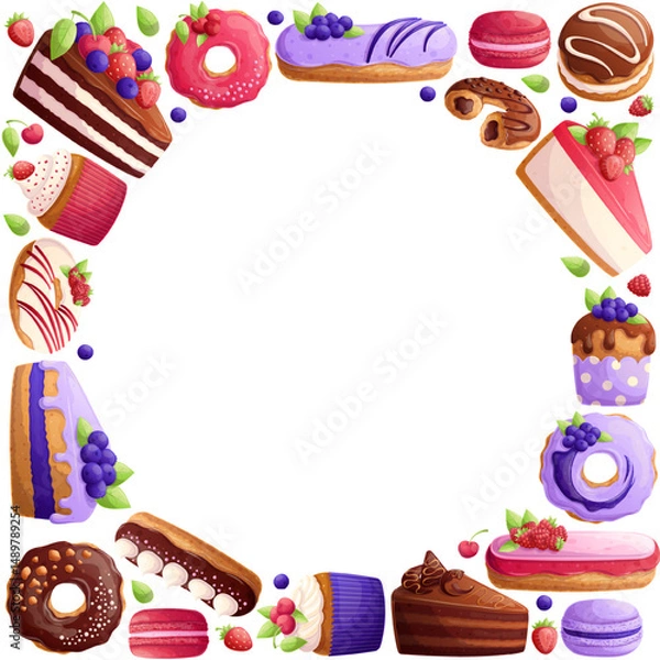 Obraz A set of delicious desserts in the form of a frame on a white background. The concept of confectionery, bakery and cooking. Vector illustrations for posters, banners, flyers and covers