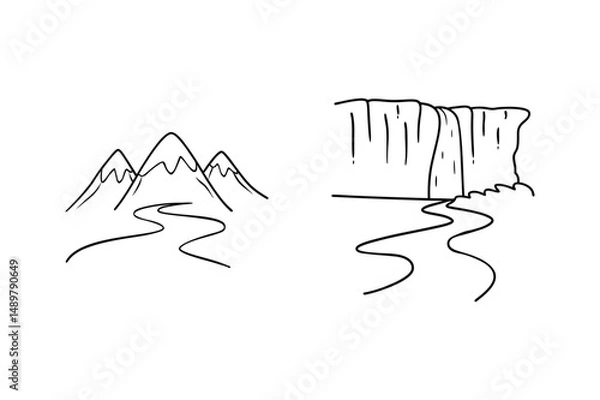 Fototapeta Simple hand drawn landscape design featuring mountains river and waterfall elements