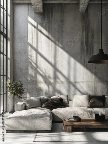 Fototapeta Bright sunlight streams through a large window over a sofa