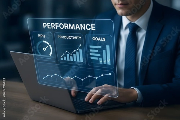 Obraz A businessman analyzes key performance indicators (KPIs), productivity, and goals on his laptop.