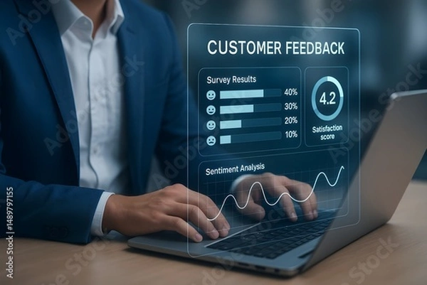 Obraz A man in a suit reviews customer satisfaction scores and sentiment analysis on his laptop.