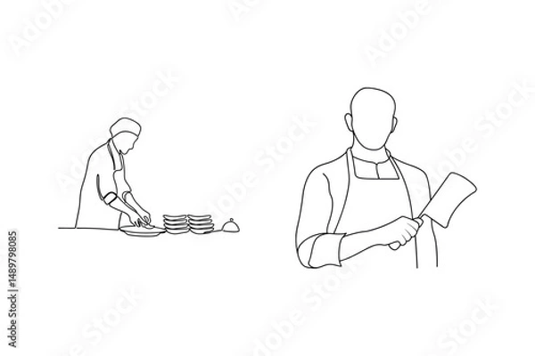 Fototapeta Elegant line drawing depicting culinary chefs preparing food and holding a cleaver