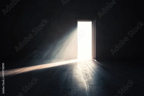 Fototapeta A dark room with a door to a bright unknown