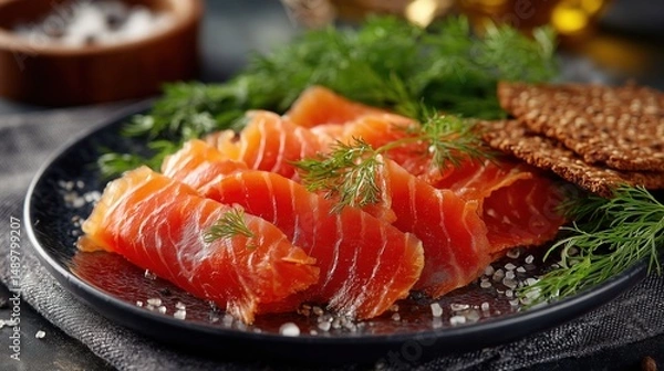 Fototapeta Close-up of sliced cured salmon with herbs and rye crispbread on dark plate perfect for Scandinavian food themes, recipe books and gourmet product promotions