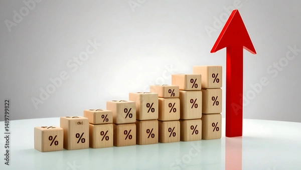 Fototapeta Wooden blocks with percentage signs leading up to a red arrow, concept of interest rate increase