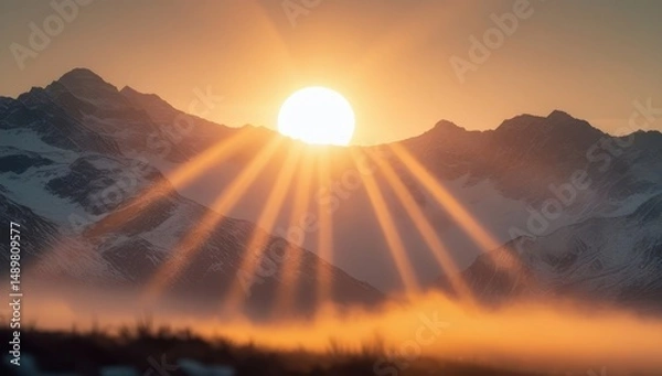 Obraz Stunning sunrise over snow-capped mountains, with golden rays illuminating the sky, creating a peaceful and majestic scene of nature's beauty