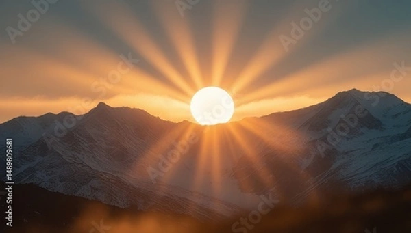 Obraz Stunning sunrise over snow-capped mountains, with golden rays illuminating the sky, creating a peaceful and majestic scene of nature's beauty