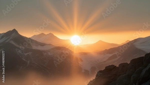 Obraz Stunning sunrise over snow-capped mountains, with golden rays illuminating the sky, creating a peaceful and majestic scene of nature's beauty