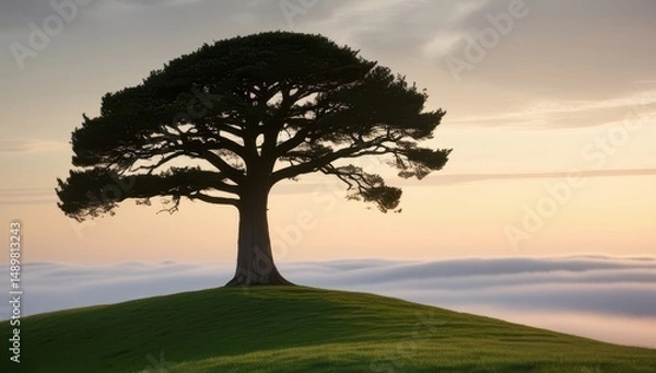 Obraz Majestic solitary tree standing on a grassy hill at sunrise, symbolizing strength and stability amidst peaceful, soft clouds and warm sunlight, creating a tranquil landscape scene