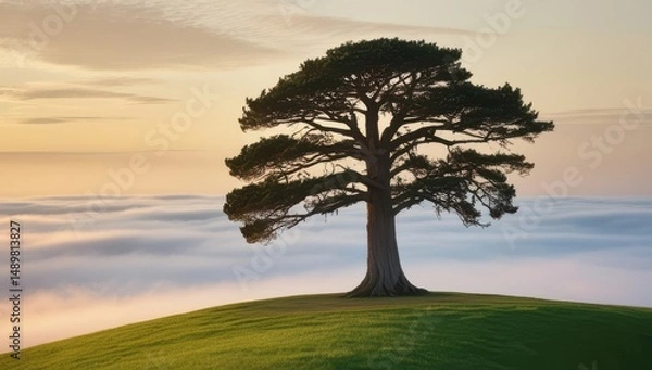 Obraz Majestic solitary tree standing on a grassy hill at sunrise, symbolizing strength and stability amidst peaceful, soft clouds and warm sunlight, creating a tranquil landscape scene