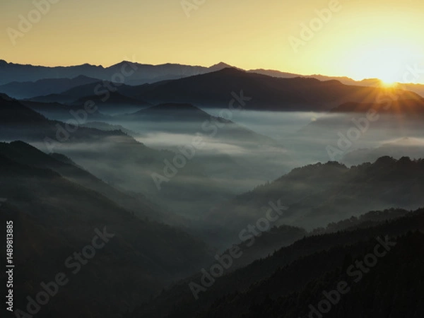 Obraz 山で見た雲海と朝日