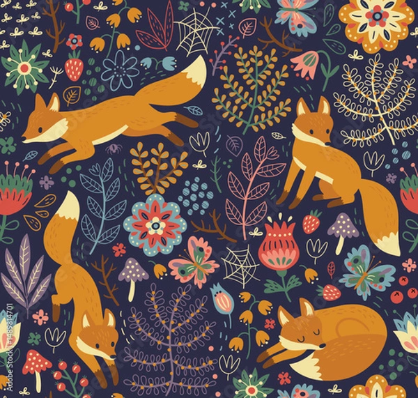 Fototapeta Forest pattern with foxes and butterflies