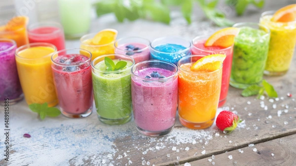 Fototapeta A row of vibrant fruit smoothies in clear glasses with fresh ingredients like berries, citrus, and mint on rustic wood.