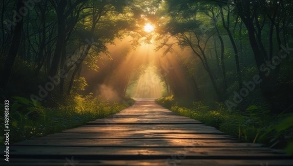 Obraz Mysterious forest pathway bathed in golden sunlight, creating a magical, peaceful ambiance perfect for nature lovers, meditation, and outdoor adventures