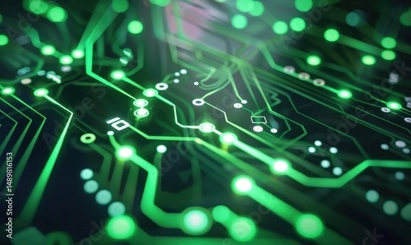 Fototapeta Glowing green circuit board, technology background (1)