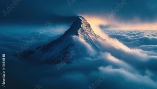 Obraz majestically snow-capped mountain peak rising above the clouds, highlighting the beauty and grandeur of the Himalayas or Alps, perfect for nature, travel, and adventure themes