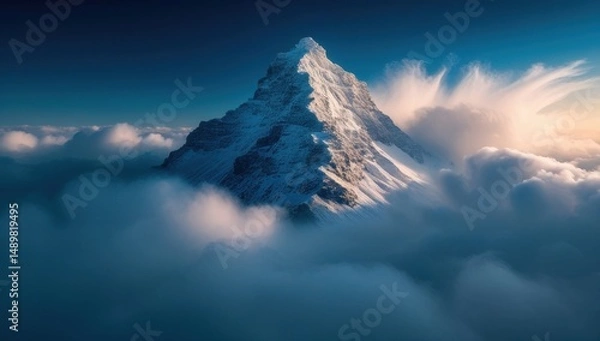 Obraz majestically snow-capped mountain peak rising above the clouds, highlighting the beauty and grandeur of the Himalayas or Alps, perfect for nature, travel, and adventure themes