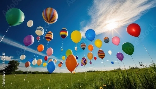 Obraz The flight of bright balloons under the blue sky is a cheerful and joyful image that evokes a sense of celebration and carelessness.
