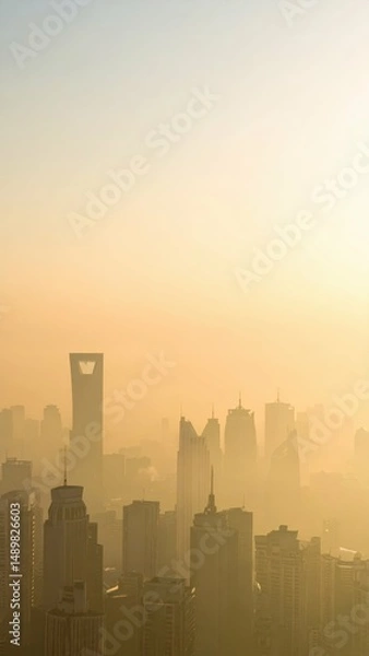 Fototapeta Misty Dawn Over Modern City Skyline Bathed in Soft Golden Light