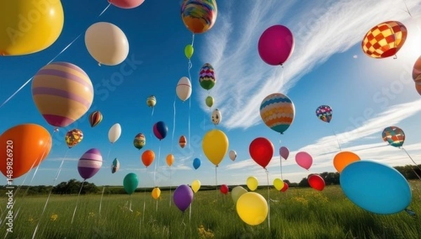 Obraz The flight of bright balloons under the blue sky is a cheerful and joyful image that evokes a sense of celebration and carelessness.
