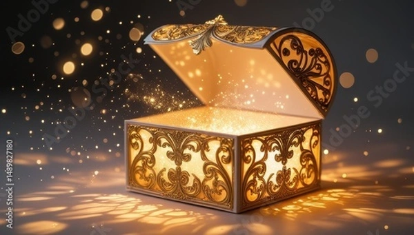 Obraz A magical box with sparkling golden sparkles inside, creating an atmosphere of magic and mystery. Ideal for themes related to mystery or fantasy
