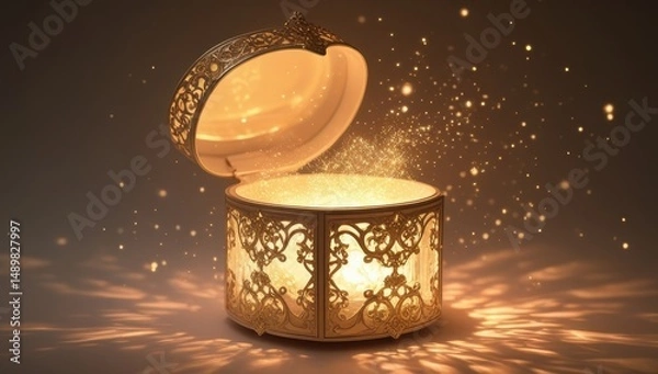 Obraz A magical box with sparkling golden sparkles inside, creating an atmosphere of magic and mystery. Ideal for themes related to mystery or fantasy
