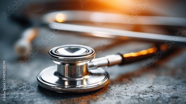 Fototapeta Close-up of metallic stethoscope on textured surface with warm light symbolizing health insurance, medical diagnostics, and professional patient care in clinical context
