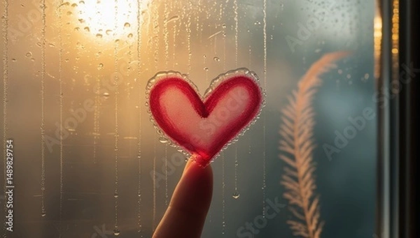 Obraz Red glass heart on a wet glass surface under warm sunlight - a symbol of love, warmth and romance
