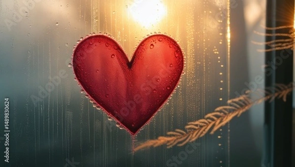 Obraz Red glass heart on a wet glass surface under warm sunlight - a symbol of love, warmth and romance

