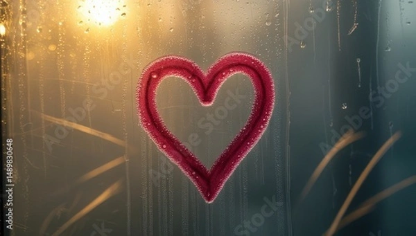Obraz Red glass heart on a wet glass surface under warm sunlight - a symbol of love, warmth and romance
