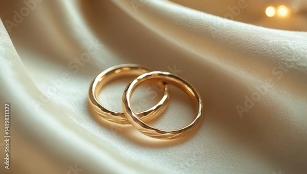 Obraz Classic gold wedding rings are set on exquisite fabric, symbolizing love and eternal bond, suitable for engagements and weddings
