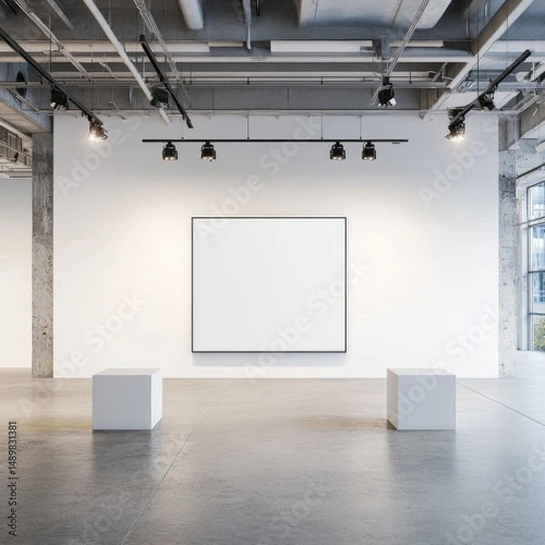 Fototapeta Empty gallery space, modern industrial style.  Large blank canvas,  white walls, concrete floor,  and  minimalist architecture.  Two white cube pedestals.  Well-lit