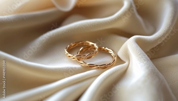 Obraz Classic gold wedding rings are set on exquisite fabric, symbolizing love and eternal bond, suitable for engagements and weddings
