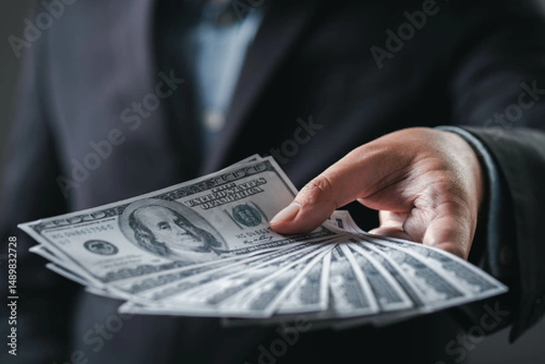 Fototapeta A hand extends to offer a fan of hundred-dollar bills, symbolizing wealth, business transactions, and financial dealings.