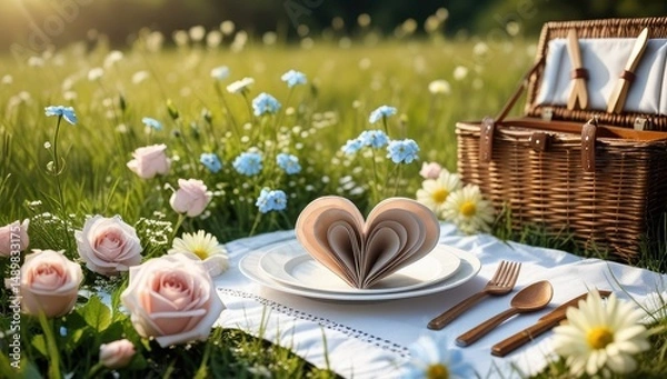 Obraz Romantic picnic setup outdoors with a plate, cutlery, and a heart-shaped napkin fold on a white cloth, surrounded by blooming flowers, ideal for love and special occasions