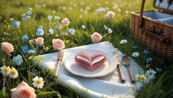 Obraz Romantic picnic setup outdoors with a plate, cutlery, and a heart-shaped napkin fold on a white cloth, surrounded by blooming flowers, ideal for love and special occasions