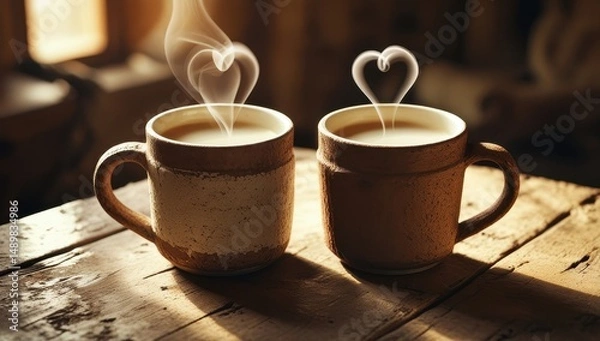 Obraz Two steaming coffee mugs on a wooden table, with heart-shaped steam rising, creating a warm, cozy, and romantic atmosphere perfect for relaxing mornings