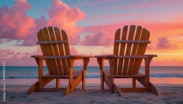 Obraz Two wooden beach chairs facing the ocean at sunset, creating a peaceful and relaxing seaside scene perfect for vacation or tranquility