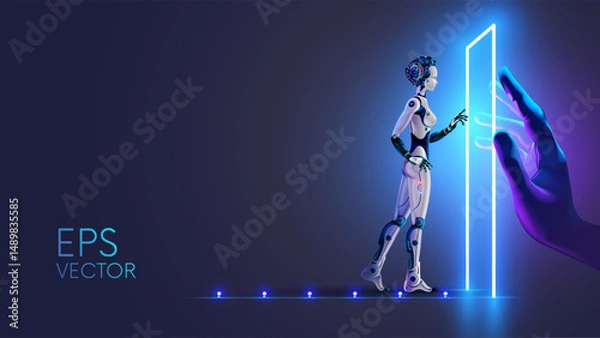 Fototapeta Higher intelligence opens the door to artificial intelligence in form of female cyborg. Great opportunities open up for artificial intelligence. Cyborg with AI enters futuristic door. AI technologies.