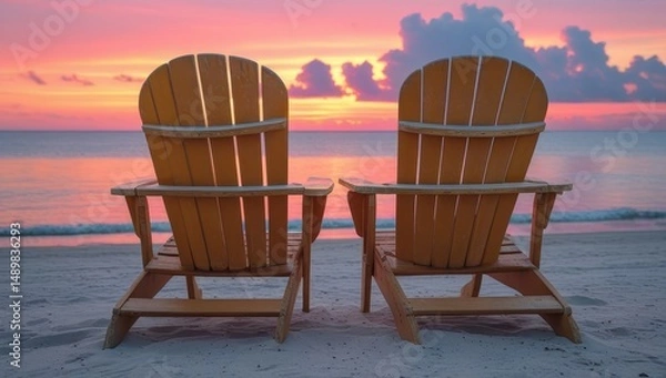 Obraz Two wooden beach chairs facing the ocean at sunset, creating a peaceful and relaxing seaside scene perfect for vacation or tranquility