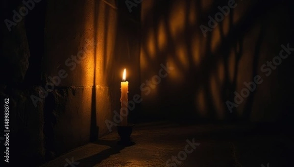 Obraz  Single lit candle in a dark, empty room creates a warm glow and a sense of solitude, evoking reflection and serenity in a mysterious atmosphere