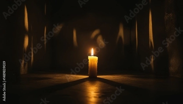 Obraz  Single lit candle in a dark, empty room creates a warm glow and a sense of solitude, evoking reflection and serenity in a mysterious atmosphere