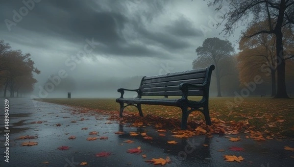 Obraz Empty park bench on a rainy autumn day with leaves scattered on wet pavement, set against a moody, misty background creating a peaceful yet melancholic atmosphere