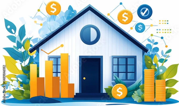 Fototapeta Cartoon house illustration with financial data overlay, surrounded by foliage and coin stacks on a white background