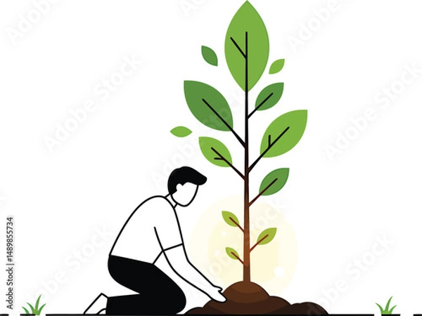 Fototapeta Planting a Glowing Tree - Minimalist Vector