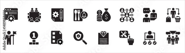 Fototapeta Business management flat icon set. Contains symbol of businessman, target, finance, lunchtime, success, hierarchy, data, reward, work, money, employee, task, shop, meeting, job. Vector illustration