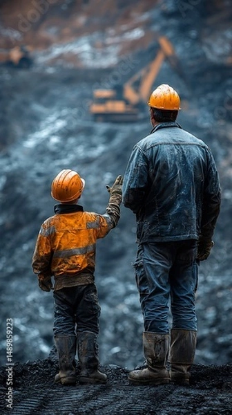 Fototapeta Father and son observe mining operation