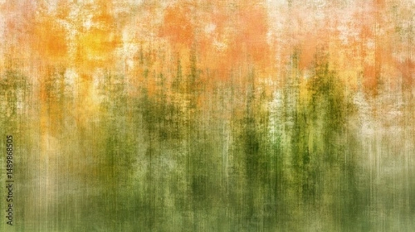 Fototapeta Abstract autumnal forest scene with blurred, textured trees and warm-toned sky