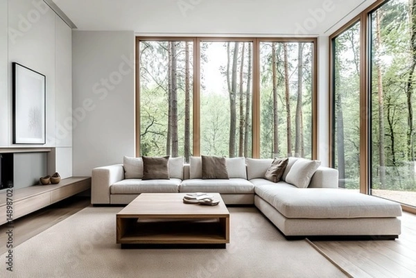Obraz Modern living room design with cozy sofa forest view interior decor tranquil environment wide angle comfort concept
